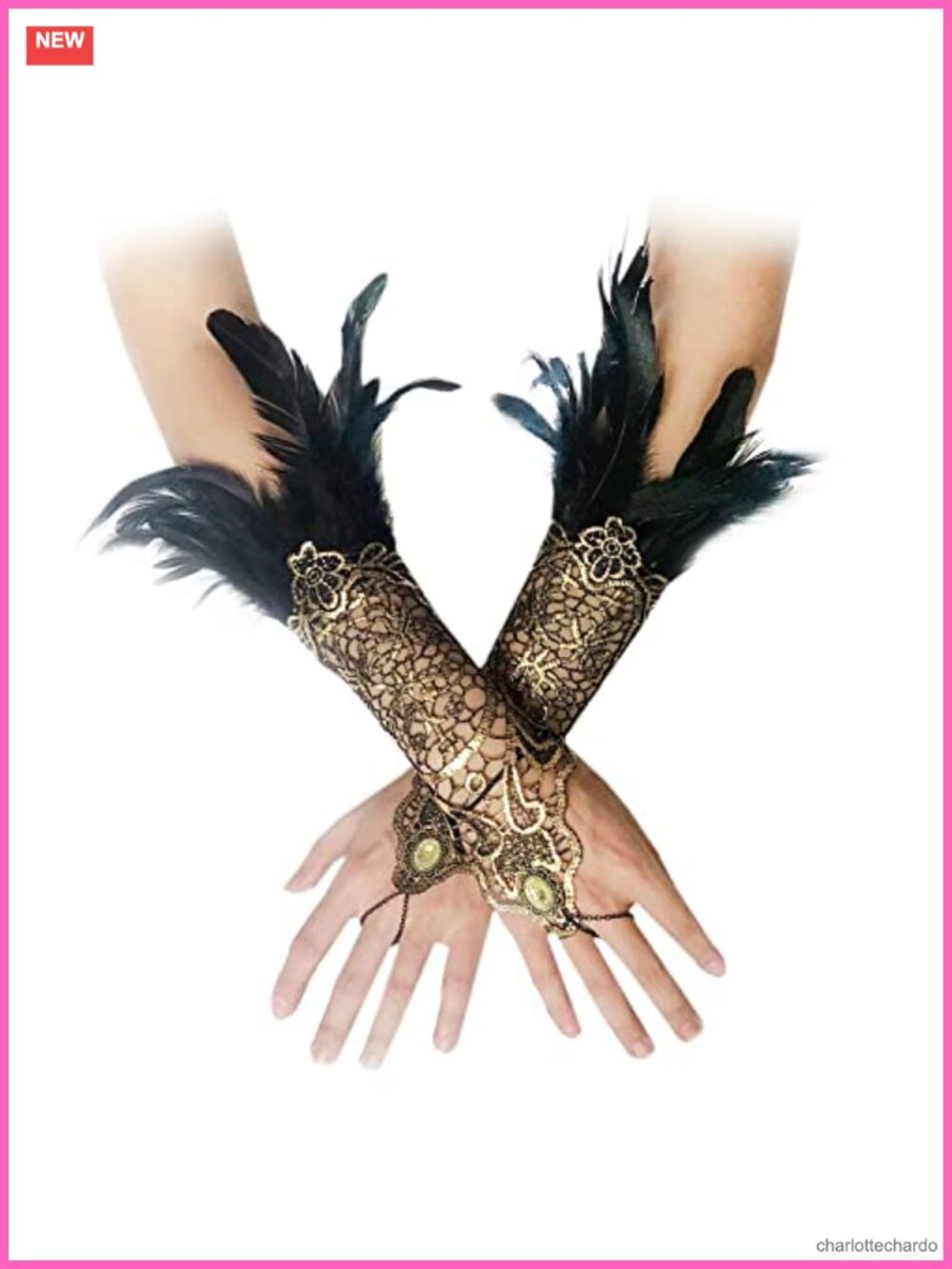 Handmade Lace Fingerless Gloves with Feathers Wrist Cuffs